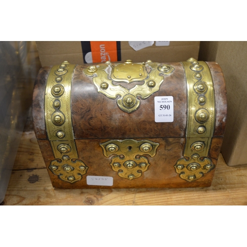 590 - A Victorian brass bound figured walnut stationery casket.