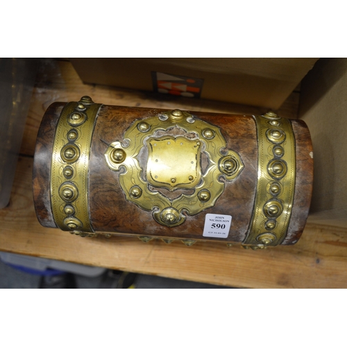 590 - A Victorian brass bound figured walnut stationery casket.