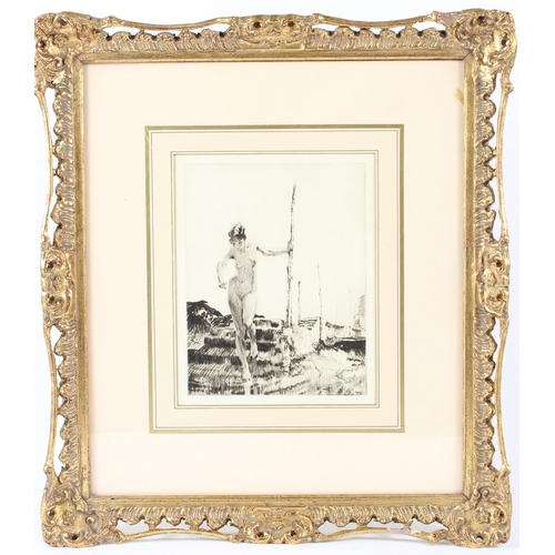 122 - MANNER OF RUSSELL FLINT  Nude descending steps from a wall  etching  22.5 x 17.5cm