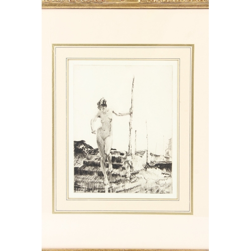 122 - MANNER OF RUSSELL FLINT  Nude descending steps from a wall  etching  22.5 x 17.5cm