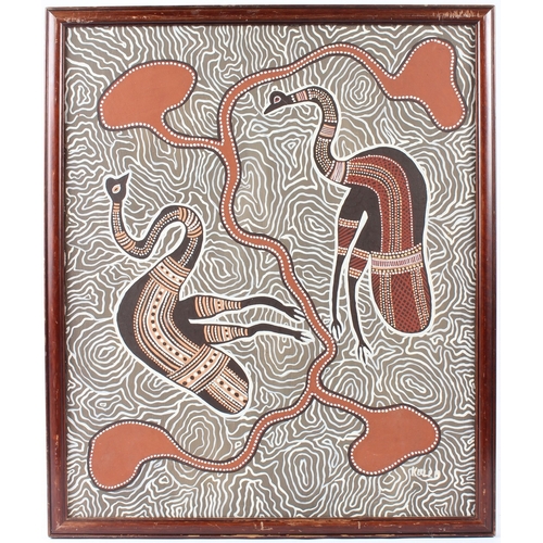 154 - KULLA (AUSTRALIAN ABORIGINAL SCHOOL)  Two birds  oil on canvas  signed  60 x 50cm