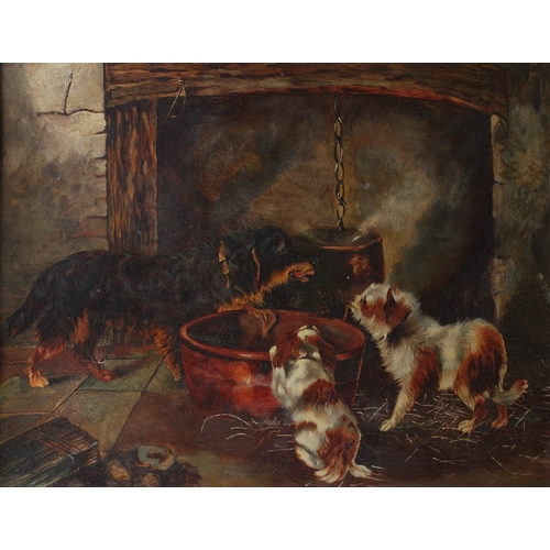 192 - CIRCLE OF GEORGE ARMFIELD  Four dogs by a fireside bran tub  oil on board  43 x 54cm