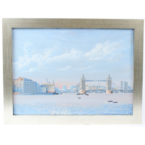 199 - ROB CRISP (20TH CENTURY)  View of the River Thames with Tower Bridge London  oil/acrylic on canvas  ... 
