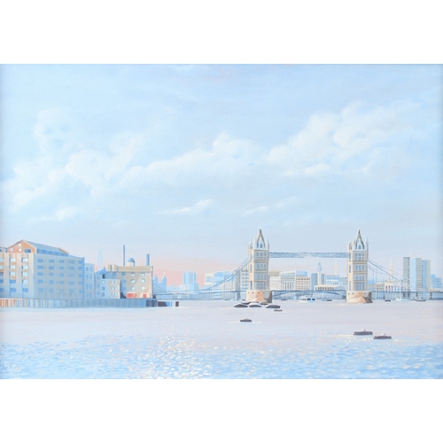 199 - ROB CRISP (20TH CENTURY)  View of the River Thames with Tower Bridge London  oil/acrylic on canvas  ... 