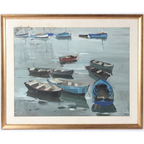 204 - JEAN LE MERDY (1928-2015)  Moored boats off a beach  watercolour / gouache  signed and dated '56  49... 