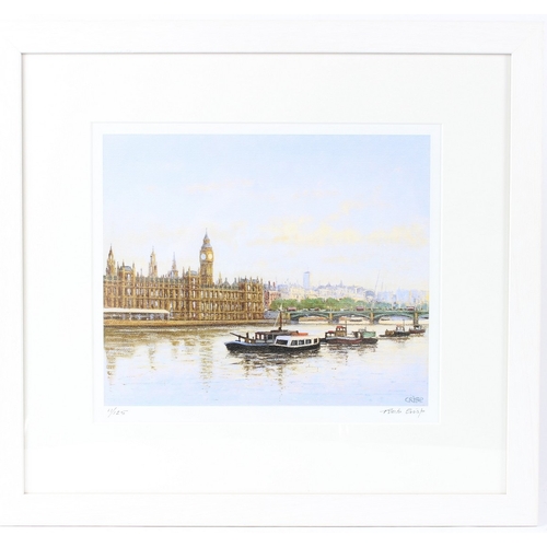 205 - ROB CRISP (20TH CENTURY)  View of the River Thames with the Houses of Parliament  colour print 11/12... 