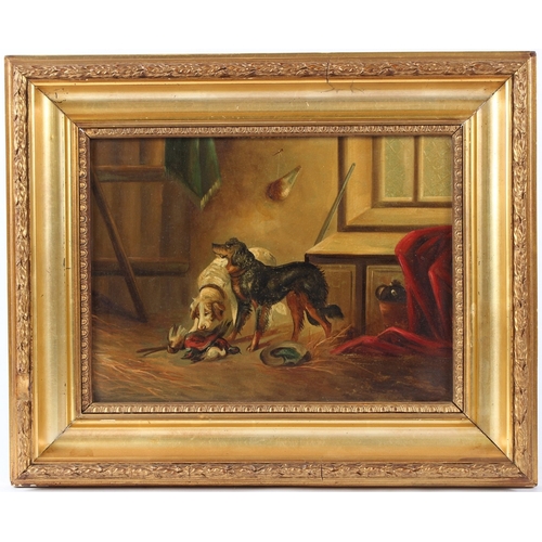 217 - LATE 19TH EARLY 20TH CENTURY SCHOOL  Interior scene with hunting dogs and game  oil on board  21 x 2... 