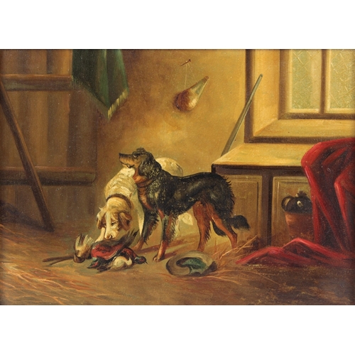 217 - LATE 19TH EARLY 20TH CENTURY SCHOOL  Interior scene with hunting dogs and game  oil on board  21 x 2... 