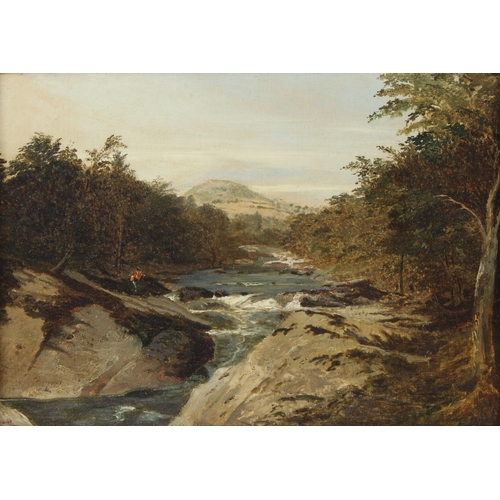 223 - ATTRIBUTED TO FREDERICK LEE  Landscape with mountain stream  oil on canvas  23.5 x 33.5cm
