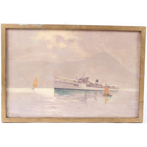 231 - THOMAS G. PURVIS (1861-1933)  Warship H31 with Chinese sail boats  off Hong Kong  oil on canvas  sig... 