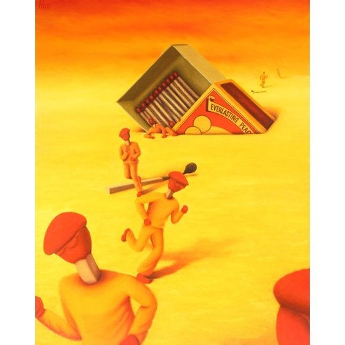 258 - THEO LEERING (CONTEMPORARY)  Match figures and matchbox  oil on canvas  signed  99 x 79cm