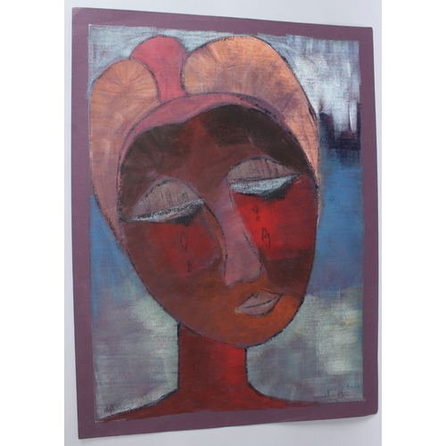 295 - MURAINA OYELAMI (b.1940)  'Pensive Mood II'  oil on paper  signed  unframed  60 x 43cm image