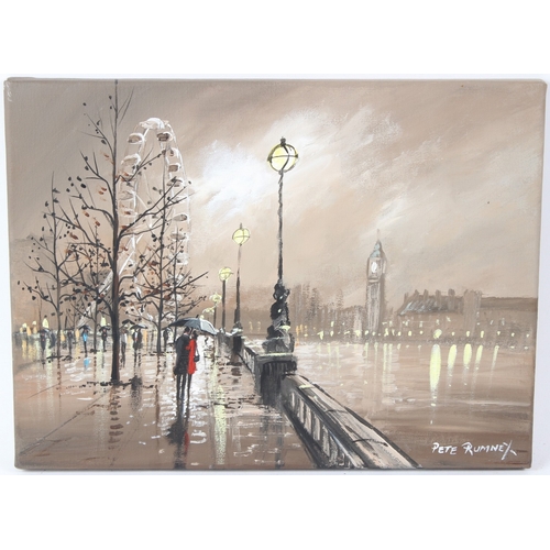 52 - PETE RUMNEY (1974)  'London Romance'  Thames Embankment on a rainy night  oil on canvas  signed with... 