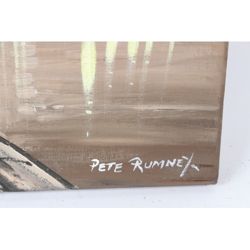 52 - PETE RUMNEY (1974)  'London Romance'  Thames Embankment on a rainy night  oil on canvas  signed with... 