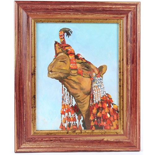 56 - E P GRISHIN (TURKMENISTAN 20TH CENTURY)  Head of a camel with ceremonial decoration  oil on board  s... 