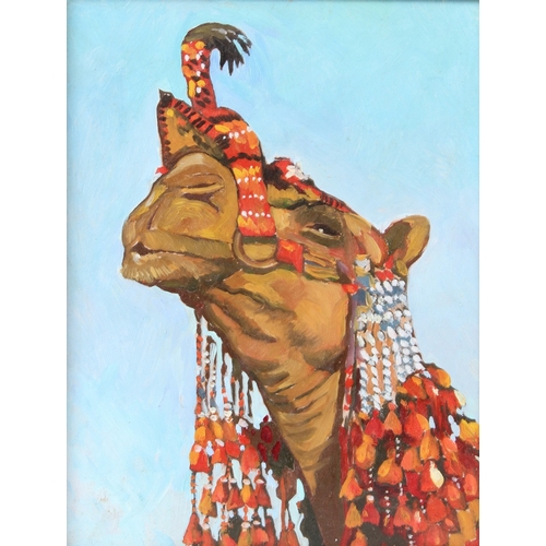 56 - E P GRISHIN (TURKMENISTAN 20TH CENTURY)  Head of a camel with ceremonial decoration  oil on board  s... 