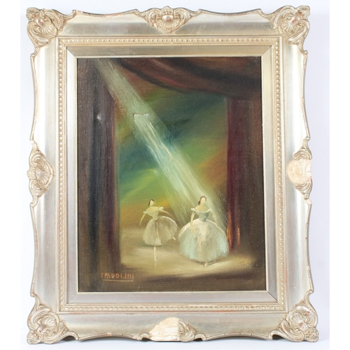 61 - ALBERTO SPADOLINI (1917-1973)  Ballet dancers on stage  oil on canvas (a/f)  signed  49 x 39cm