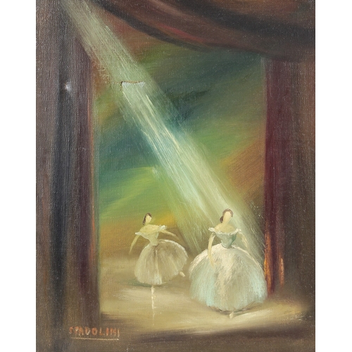 61 - ALBERTO SPADOLINI (1917-1973)  Ballet dancers on stage  oil on canvas (a/f)  signed  49 x 39cm