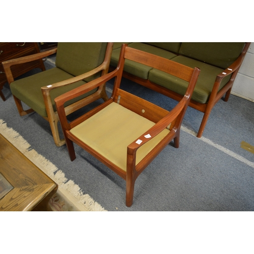 392 - Finn Juhl for France and Son, teak framed three seater settee with matching armchair and rocking cha... 