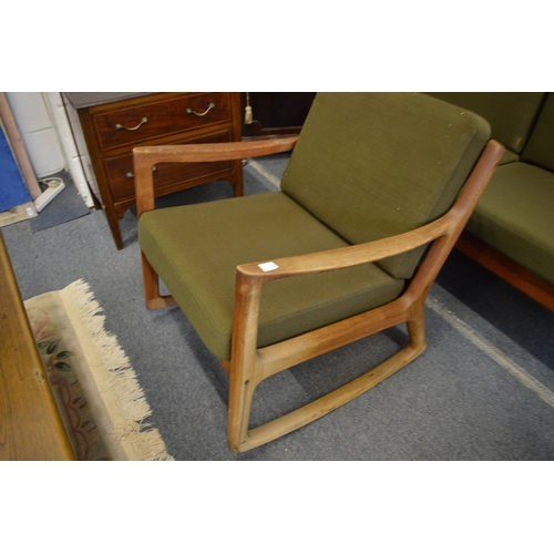 392 - Finn Juhl for France and Son, teak framed three seater settee with matching armchair and rocking cha... 