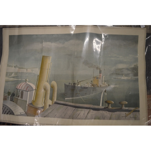 432 - Colour print depicting a farmyard scene together with an unframed print of ships.