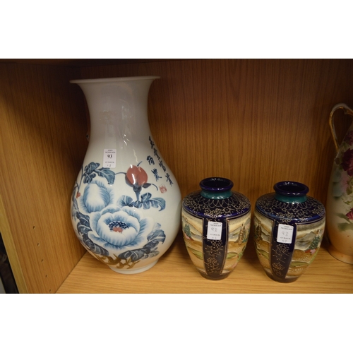 93 - A large Japanese vase (faults) and a pair of Satsuma vases.