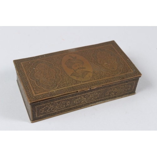 159 - A FINELY EBGRAVED 19TH CENTURY PERSIAN QAJAR BRASS BOX depicting Shah Abbas. 15cms x 8cms.