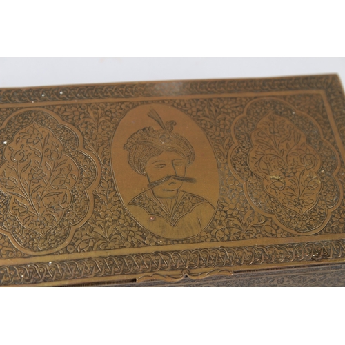 159 - A FINELY EBGRAVED 19TH CENTURY PERSIAN QAJAR BRASS BOX depicting Shah Abbas. 15cms x 8cms.