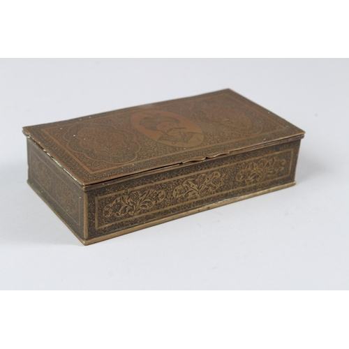 159 - A FINELY EBGRAVED 19TH CENTURY PERSIAN QAJAR BRASS BOX depicting Shah Abbas. 15cms x 8cms.