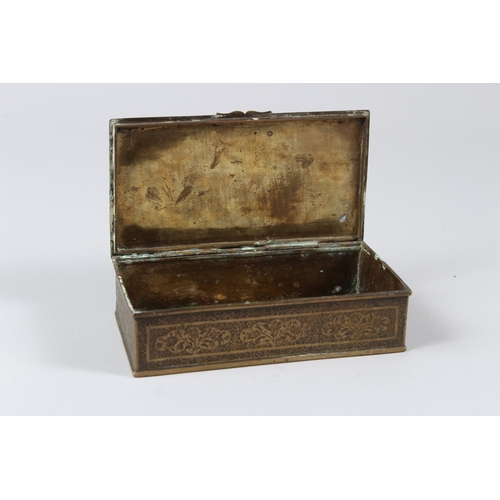 159 - A FINELY EBGRAVED 19TH CENTURY PERSIAN QAJAR BRASS BOX depicting Shah Abbas. 15cms x 8cms.