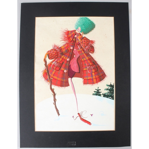 187 - CONTINENTAL SCHOOL (20TH CENTURY)  Stylised lady in a fur hat and tartan coat  gouache  unframed  38... 