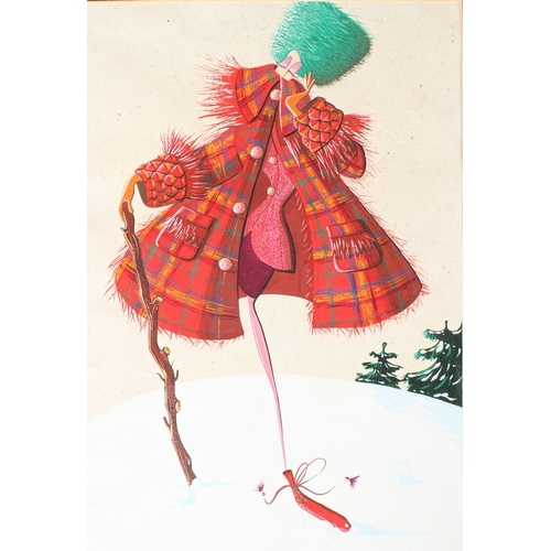 187 - CONTINENTAL SCHOOL (20TH CENTURY)  Stylised lady in a fur hat and tartan coat  gouache  unframed  38... 
