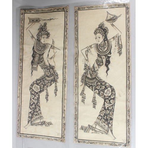 188 - M D SUSILA  Balinese dancers  ink on fabric, pair  both signed and inscribed  'Batuan Bali'  unframe... 