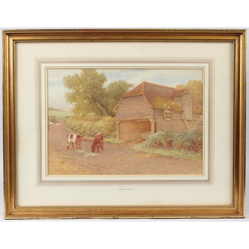 197 - CHARLES EDWARD WILSON (1854-1941)  Cattle beside a barn  watercolour  signed with initials  25.5 x 3... 