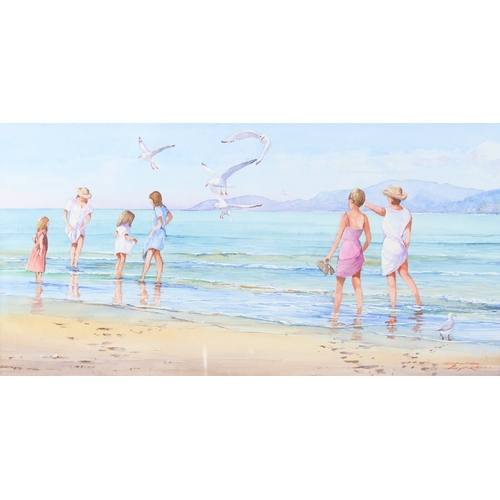 199 - DAVID BYARD (b.1943)  Paddlers on a beach  watercolour  signed  22.5 x 44.5cm