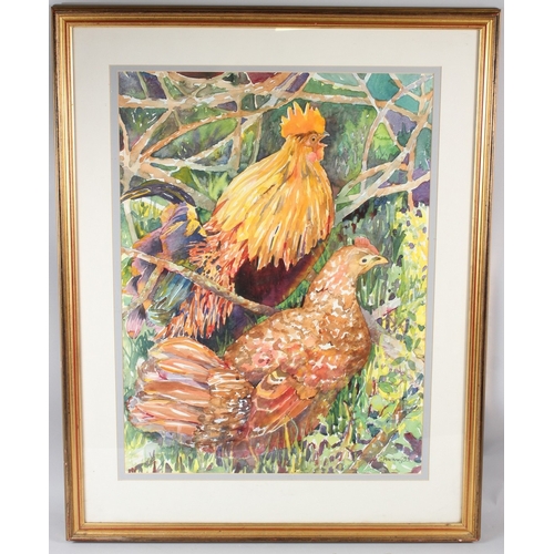 219 - CLARE HACKNEY  Cockerel and chicken  watercolour  signed and dated '93  72.5 x 54cm