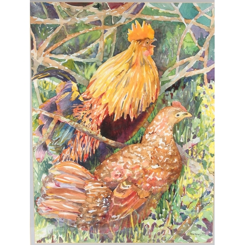 219 - CLARE HACKNEY  Cockerel and chicken  watercolour  signed and dated '93  72.5 x 54cm