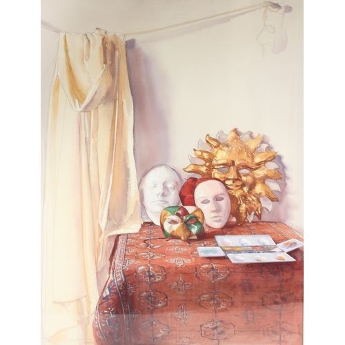 230 - ROBBIE WRAITH (b.1952)  Still life with Venetian masks  watercolour and pencil  signed and dated 199... 