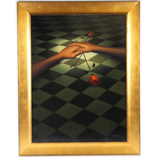 239 - THEO LEERING (CONTEMPORARY)
Pair of hands with red roses
oil on canvas
signed and dated '05
79 x 59c... 