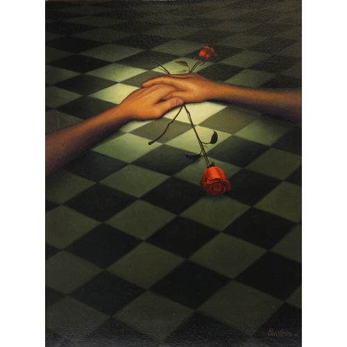 239 - THEO LEERING (CONTEMPORARY)
Pair of hands with red roses
oil on canvas
signed and dated '05
79 x 59c... 