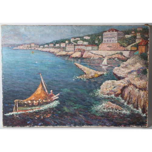 302 - MEDITERRANEAN SCHOOL (POSSIBLY MALTESE)  Fishing boat entering a harbour town  oil on canvas  unfram... 