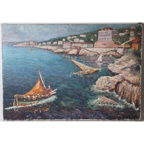302 - MEDITERRANEAN SCHOOL (POSSIBLY MALTESE)  Fishing boat entering a harbour town  oil on canvas  unfram... 