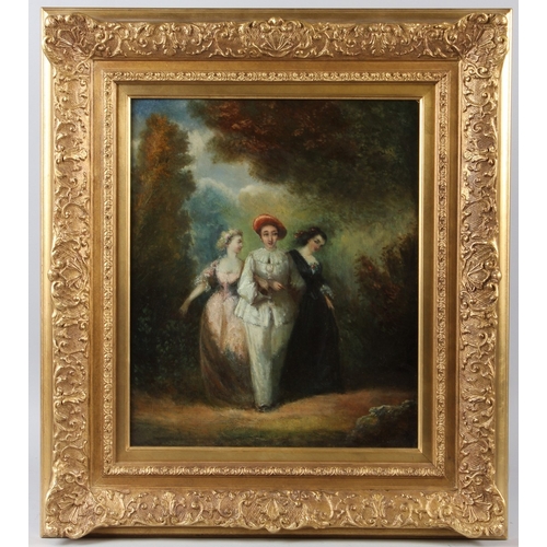 303 - CONTINENTAL SCHOOL (19TH CENTURY)  Two ladies with an escort on  a woodland path  oil on canvas  44 ... 