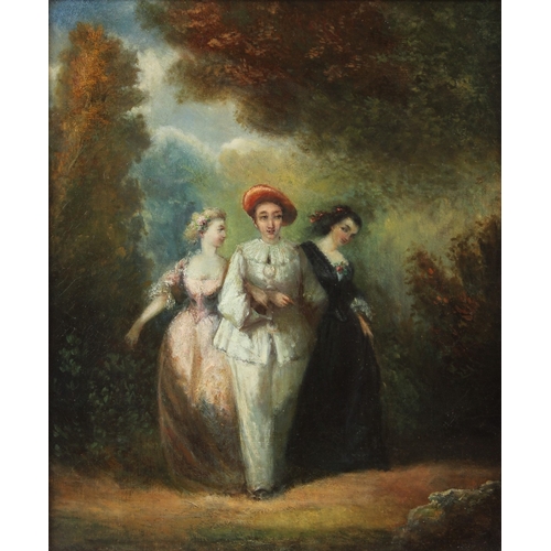 303 - CONTINENTAL SCHOOL (19TH CENTURY)  Two ladies with an escort on  a woodland path  oil on canvas  44 ... 