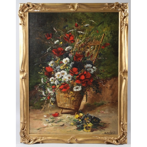 304 - HENRI CAUCHOIS (1850-1911)  Still life of daisies and poppies in a basket  oil on canvas  signed  72... 