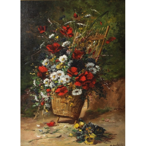 304 - HENRI CAUCHOIS (1850-1911)  Still life of daisies and poppies in a basket  oil on canvas  signed  72... 