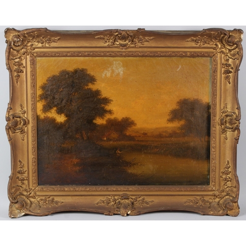 308 - WALTER HEATH WILLIAMS (act.1841-c.1876)  Landscape with fisherman on a riverbank  oil on canvas  44.... 