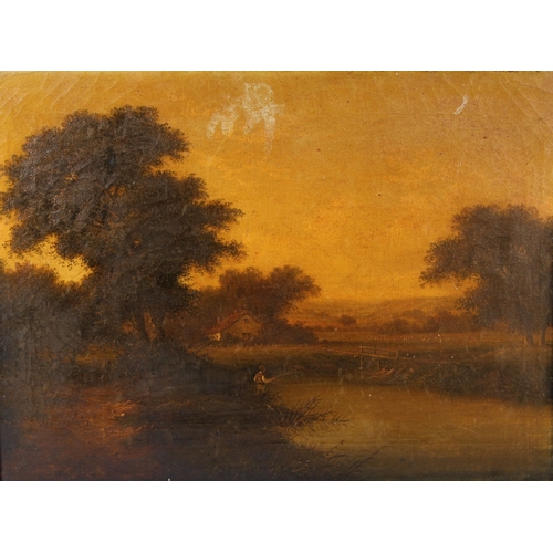 308 - WALTER HEATH WILLIAMS (act.1841-c.1876)  Landscape with fisherman on a riverbank  oil on canvas  44.... 