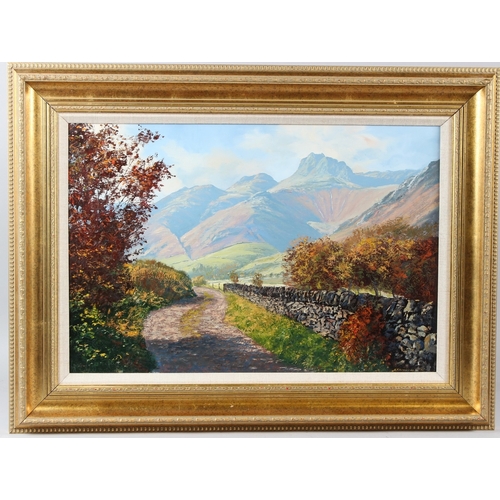 312 - ARTHUR TERRY BLAMIRES (b.1930)  'The Langdale Pikes from the path near Chapel Stile'  oil on board  ... 