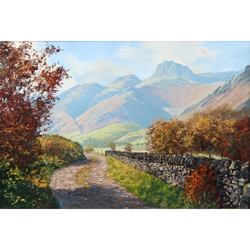 312 - ARTHUR TERRY BLAMIRES (b.1930)  'The Langdale Pikes from the path near Chapel Stile'  oil on board  ... 